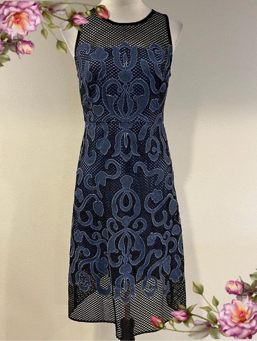 Elegant Julia Jordan Navy Midi Dress with Lace-Style Overlay NWT Size 6